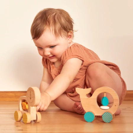 Petit Collage - 100% organikus fejlesztő fa gurulós játék - bálna