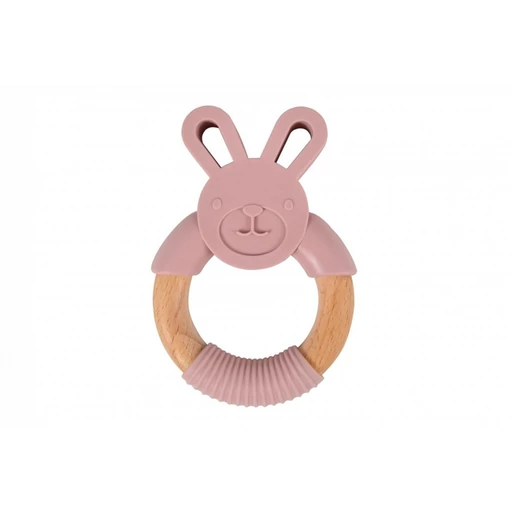 Nyuszis szilikon és fa rágókarika - rózsaszín