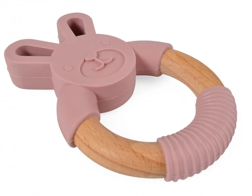 Nyuszis szilikon és fa rágókarika - rózsaszín