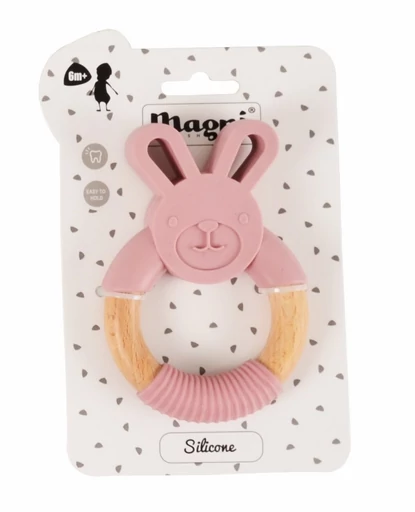 Nyuszis szilikon és fa rágókarika - rózsaszín