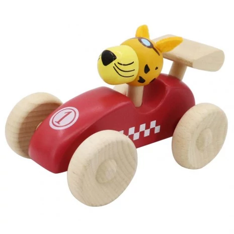 Fajáték - Gurulós versenyautó gepárddal (piros)