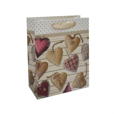 Ajándéktáska - bézs alapon patchwork piros- bézs szívek - közepes 