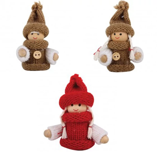 Karácsonyfadísz - barna és piros kötött figurák