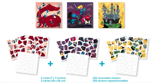 Poppik - Kreatív, fejlesztő játék - 3 db illusztrált kártya, 105 puzzle matricával – Lovagok és sárkányok 