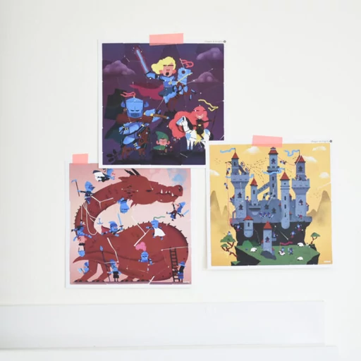 Poppik - Kreatív, fejlesztő játék - 3 db illusztrált kártya, 105 puzzle matricával – Lovagok és sárkányok 