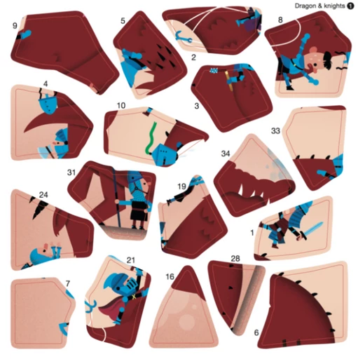 Poppik - Kreatív, fejlesztő játék - 3 db illusztrált kártya, 105 puzzle matricával – Lovagok és sárkányok 