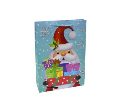 Ajándéktáska - Világoskék alapon Mikulás ajándékokkal és hópihékkel