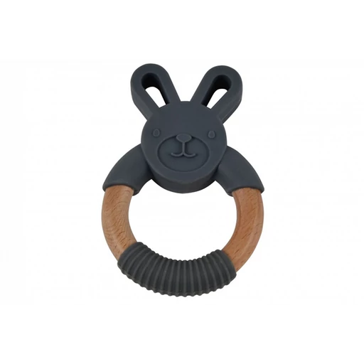 Nyuszis szilikon és fa rágókarika - szürke