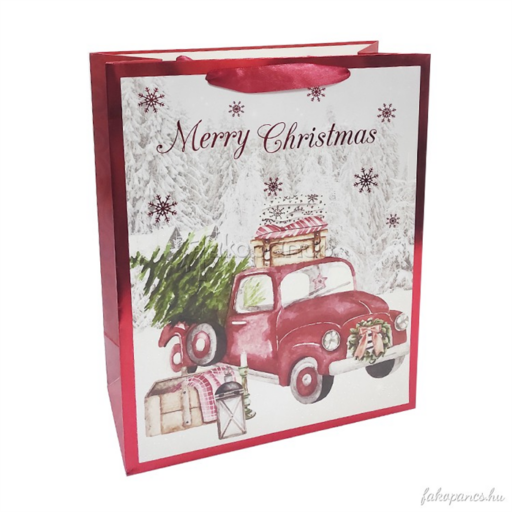 Ajándéktáska - piros pick up karácsonyfával, háttérben havas táj - közepes