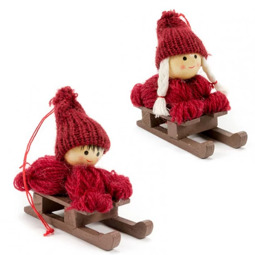 Karácsonyfadísz - piros ruhás lány és fiú