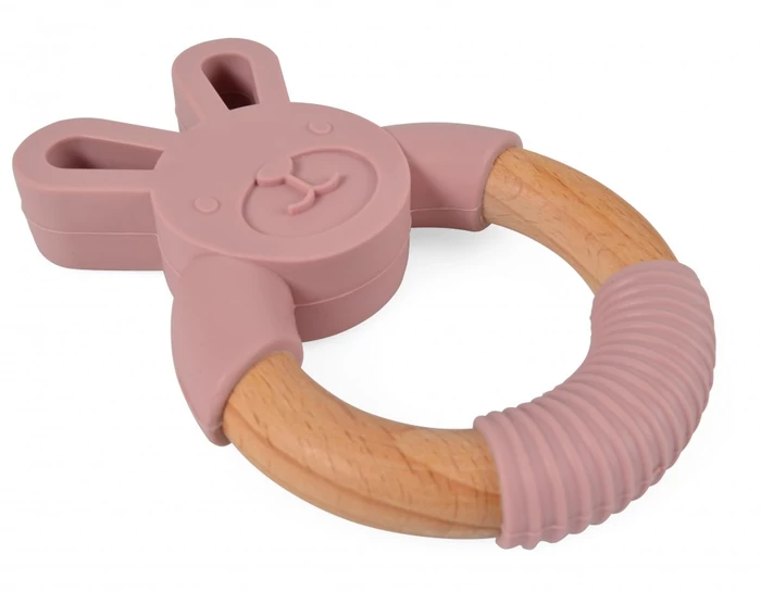Nyuszis szilikon és fa rágókarika - rózsaszín