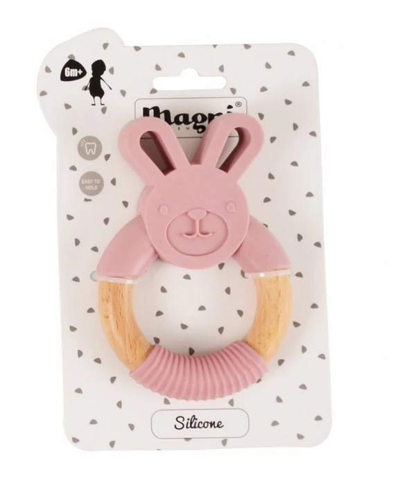 Nyuszis szilikon és fa rágókarika - rózsaszín