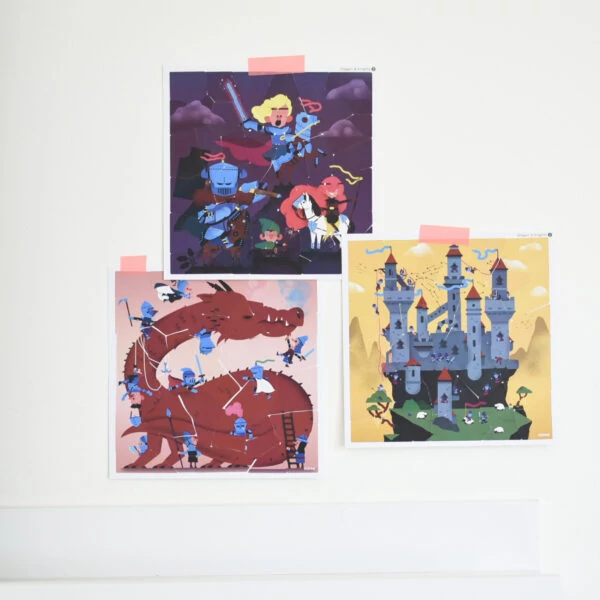 Poppik - Kreatív, fejlesztő játék - 3 db illusztrált kártya, 105 puzzle matricával – Lovagok és sárkányok 