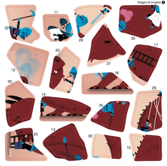 Poppik - Kreatív, fejlesztő játék - 3 db illusztrált kártya, 105 puzzle matricával – Lovagok és sárkányok 